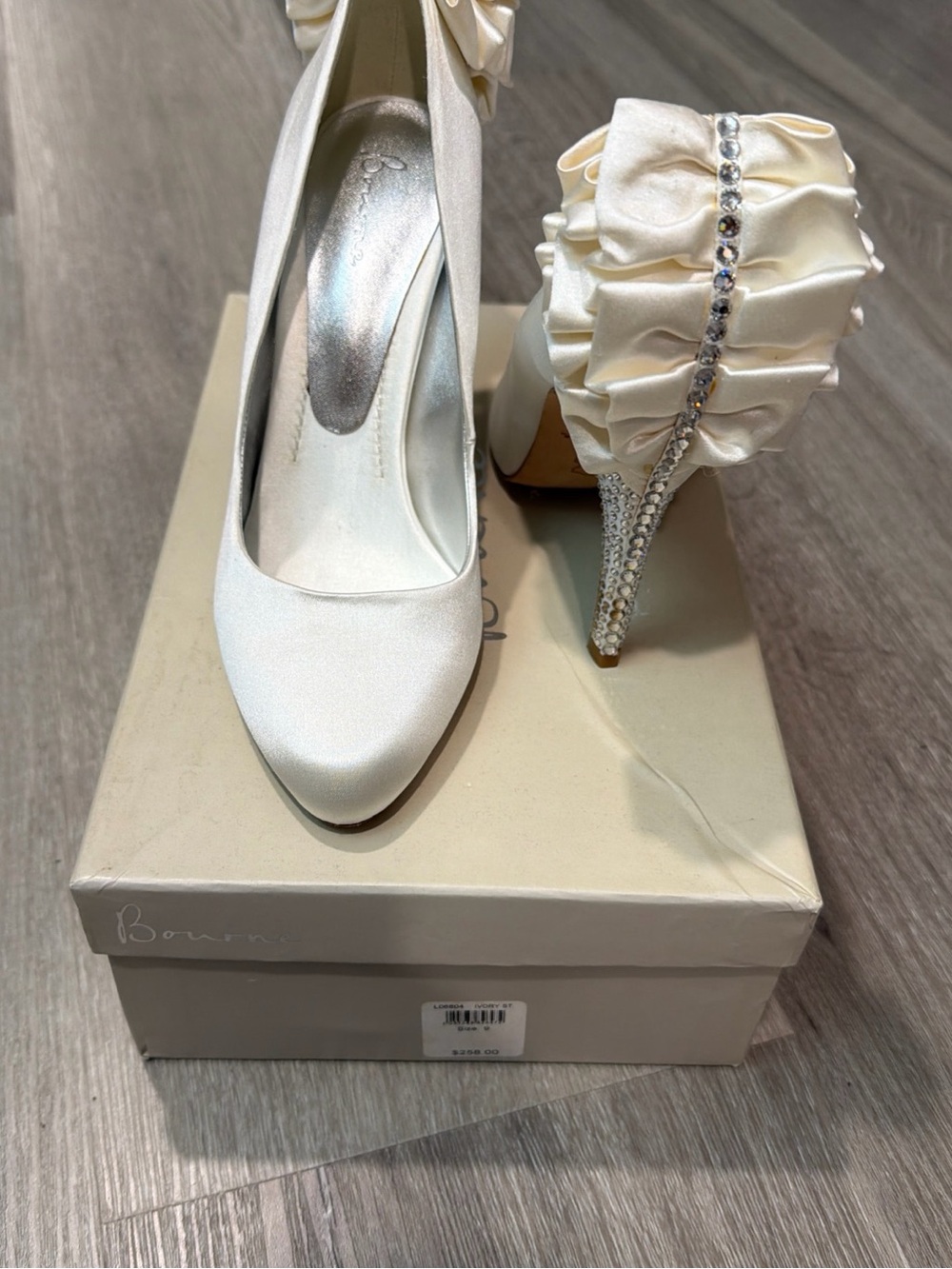 Ivory Satin Ruffle Heel Pumps with Crystal-Embellished Stiletto Bridal Wedding